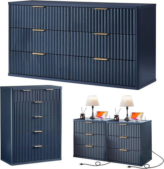 LEYAOYAO Fluted Dressers & Nightstand Set of 4, Wood 48" Wide Dresser & 42" Tall Chest of Drawers,Modern Bedroom Furniture Sets,Navy Blue Wooden Nightstand Set of 2 with 3 Drawers & Charging Station