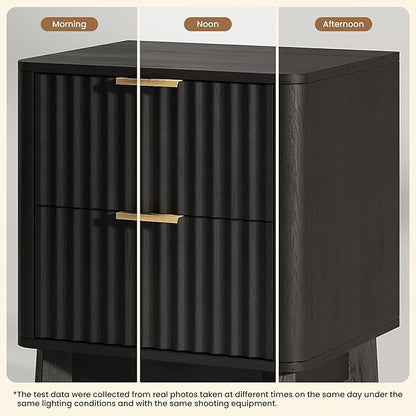 Fluted Nightstand,Modern End Table with Metal Handle,2 Storage Drawers Side Table,Bedside Table for Bedroom,Wood Nightstands,Curved Profile Design Furnitue,Black