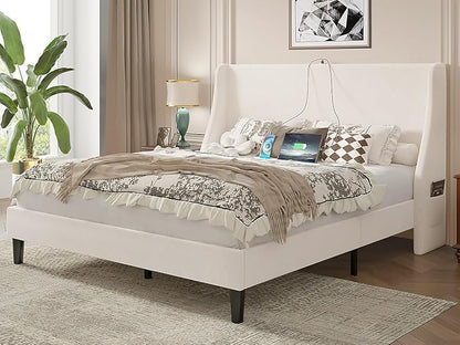 VECELO Full Bed Frame with Upholstered Wingback Headboard, Heavy-Duty Platform Bedframe with Charging Station, Wooden Slats, No Box Spring Needed, Beige
