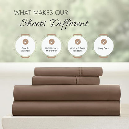 Linen Market Brushed Microfiber King Sheet Set 4 Piece – Oeko-TEX Certified Ultra Soft & Wrinkle-Free - 16" Deep Pocket Sheets - Easy Care King Size - Taupe
