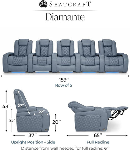 Seatcraft Diamante Zero-Gravity CoolZero Italian Leather Home Theater Seating, Power Headrest, Power Recline, Row of 5, Smokey Blue
