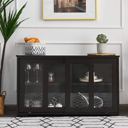 Costzon Sideboard Buffet Cabinet, Wooden Kitchen Storage Cabinet with Adjustable Shelf, Sliding Glass Doors, Accent Coffee Bar Cabinet Console Table for Living Room, Dining Room, Hallway (Coffee)
