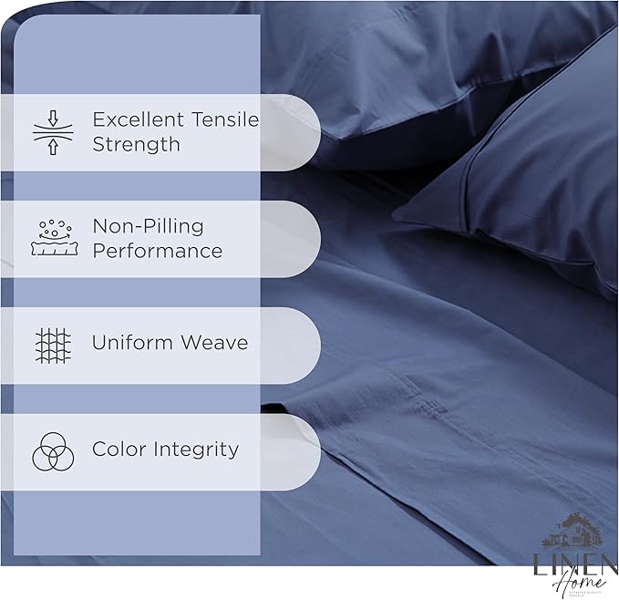 Linen Home 100% Cotton Percale Sheets Full Size, Dark Blue, Deep Pocket, 4 Pieces Set - 1 Flat, 1 Deep Pocket Fitted Sheet and 2 Pillowcases, Crisp Cool and Strong Bed Linen