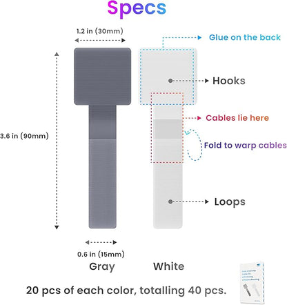 Hook and Loop Cable Ties, Self Adhesive Hook and Loop Cable Straps, Sticky-back Cord Organizer, Cable Clip, Household & Office Essentials, 40Pcs per Pack