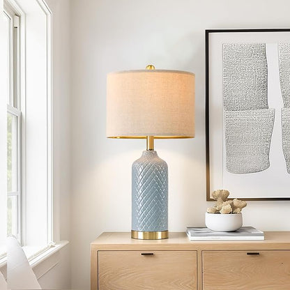 24.25" Modern Ceramic Blue Table Lamps Set of 2 for Living Room, Farmhouse, Bedside, Coastal Bedroom, Side & End Tables