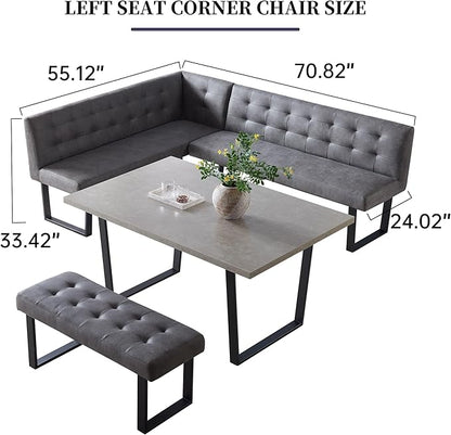 3 Piece Dining Table Set with Bench, 42.9 Inch Modern Kitchen Table with Right Seat Corner and 43.3 Inch Bench for Family Dining Room Furniture