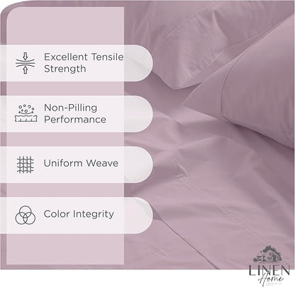 Linen Home 100% Cotton Percale Sheets Queen Size,Mauve Lavender, Deep Pocket, 4 Pieces Set - 1 Flat, 1 Deep Pocket Fitted Sheet and 2 Pillowcases, Crisp Cool and Strong Bed Linen