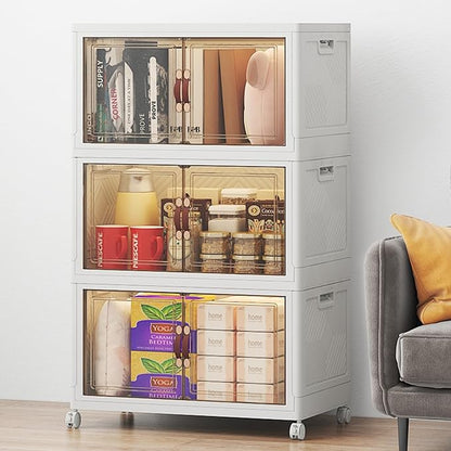 Stackable Storage Bins with Lids, Large Collapsible Storage Bins with Wheels, Plastic Cabinet with Doors, Foldable Closet Organizers for Home, Dorm, Office (White-55QT, 3Pack with 1Top Lid)