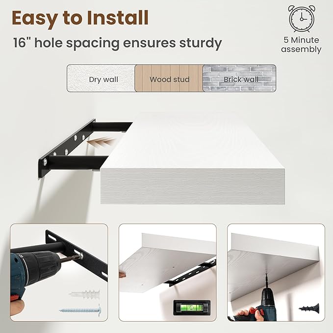 40 Inch Floating Shelves for Wall, 8 Inch Deep Floating Shelf for Storage & Display, Rustic Wall Mounted Shelf with Invisible Brackets for Living Room, Kitchen, Bathroom, Home Decor, Set of 2, White