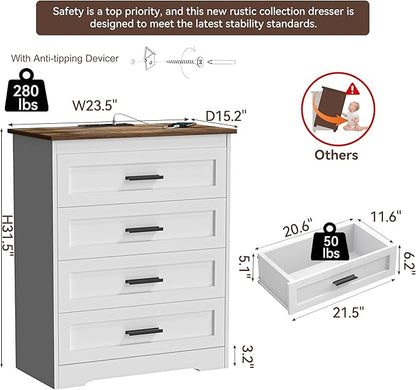 Farmhouse 4 Drawers Dresser for Bedroom Rustic Chest of Drawers with Natural Texture White Drawers Organizer for Living Room Hallway