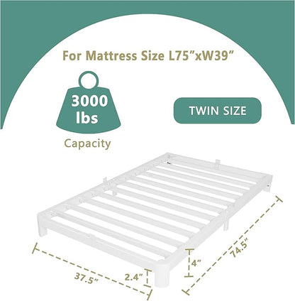 ITIMIDI 4 Inch White Twin Bed Frames, Metal Platform Bed Frame with Metal Gaskets, Heavy Duty Steel Support 3000 LBS, No Box Spring Needed, Anti-Slip Mattress Stopper, Easy Assembly