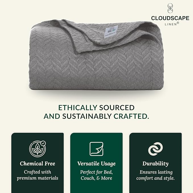Cloud Scape Linen 100% Cotton Blanket 92x92 Sharkskin - Cozy Herringbone Weave, Fits Up to for Full Size Beds, Breathable Softness, All-Season Warmth, Winter Blanket, for Women