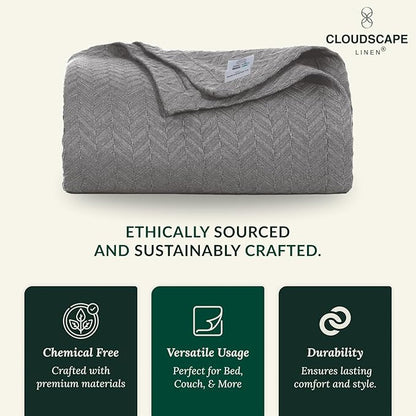 Cloud Scape Linen 100% Cotton Blanket 92x92 Sharkskin - Cozy Herringbone Weave, Fits Up to for Full Size Beds, Breathable Softness, All-Season Warmth, Winter Blanket, for Women