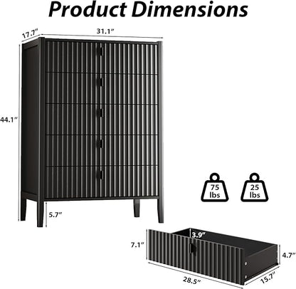Black 5 Drawer Dresser, Modern Tall Dresser for Bedroom, Fluted Wood Chest of Drawers with Deep Drawers for Clothes, Storage Cabinet for Bedroom, Living Rooms, Offices, Entryways