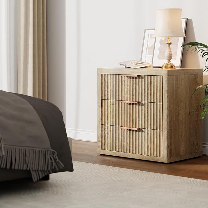 Night Stand with 3 Drawers, 23" Wide Modern Bedside Table with Large Storage, Fluted Bed Side End Table with Metal Handle, Tall Nightstand for Bedroom, Living Room, Office, Nature, Set of 2