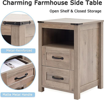 Sierra Rustic Night Stand, Farmhouse End Table, Modern Bedside Table with 2 Storage Drawers and Open Shelf, Tall Nightstand for Bedroom