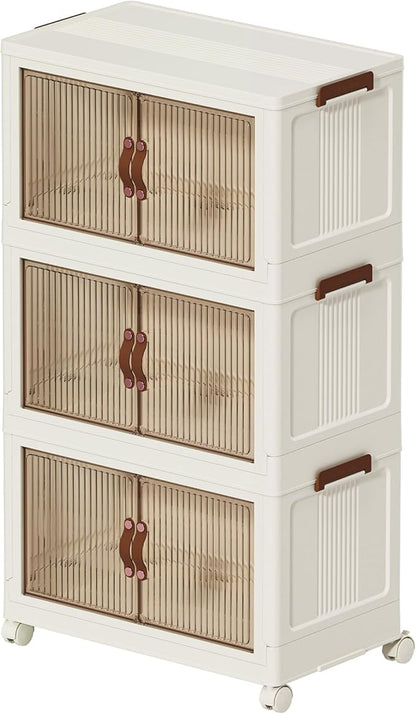 66 QT Large Plastic Storage Bins with Lids Open Front, Stackable Storage Containers with Wheels for Clothes, Home, Room, White, 3 Tiers