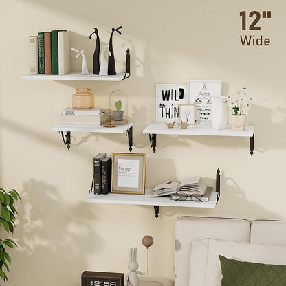 Dreamland Deep Floating Shelves, 24" W x 12" D Wall Shelves Set of 2, Wide Display Shelf Wall Mounted with Brackets, Bookshelf for Living Room, Bathroom, Bedroom, White