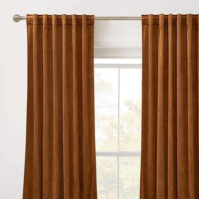 RYB HOME Plush Velvet Curtains, Heavy Duty Back Tab Decorative Window Drapes Privacy Room Darkening Covering for Living Room Playroom, Golden Oak, W52 x L108 inches, Set of 2 Panels