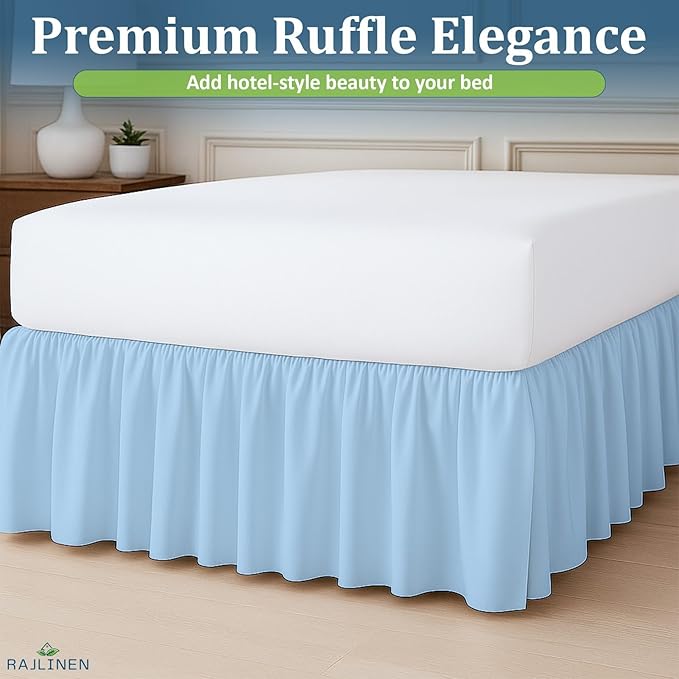 Rajlinen Ruffled Bed Skirt King, 16 Inch Drop Dust Ruffle with Split Corners, 100% Microfiber Bedskirt with Platform, Three-Sided Coverage Ruffled Gathering Design, Light Blue