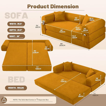 Convertible Futon Sofa Bed,80" Folding Pull Out Couch Bed with Storage,Queen Sleeper Sofa Bed,Compressed Couch in a Box,Corduroy Boneless Couches for Living Room,Yellow