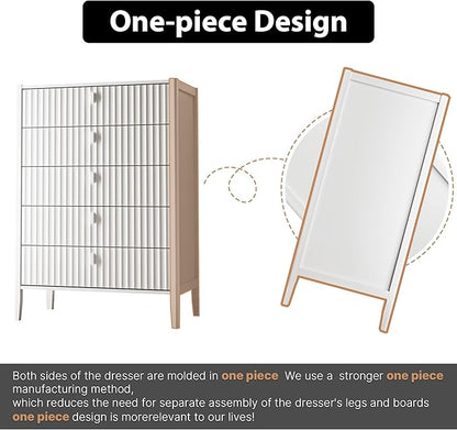 White 5 Drawer Dresser, Modern Tall Dresser for Bedroom, Fluted Wood Chest of Drawers with Deep Drawers for Clothes, Storage Cabinet for Bedroom, Living Rooms, Offices, Entryways