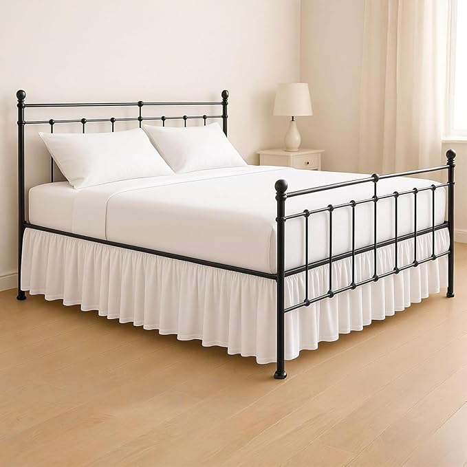 KRISHNA Ruffled Bed Skirt with Split Corners Full, 100% Microfiber Hotel Quality, 21 Inch Drop Dust Ruffle Gathered Bedskirt with Platform, 54" x 75", Ivory Stripe