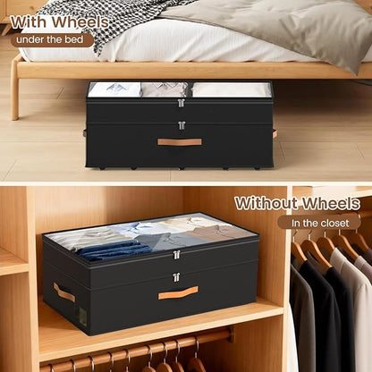Under Bed Storage with Wheels, 2-Pack Underbed Storage Containers, No Assemble 11 inches 90L XXL Large Adjustable Storage Bins with Clear Lids, Rolling Storage for Clothes, Shoes, Blankets, Black