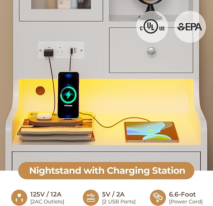 ADORNEVE Tall Night Stand with Charging Station and LED Lights,49.2" Nightstand with Bookshelf, White Bedside Table with Drawers,End Side Table for Bedrooms