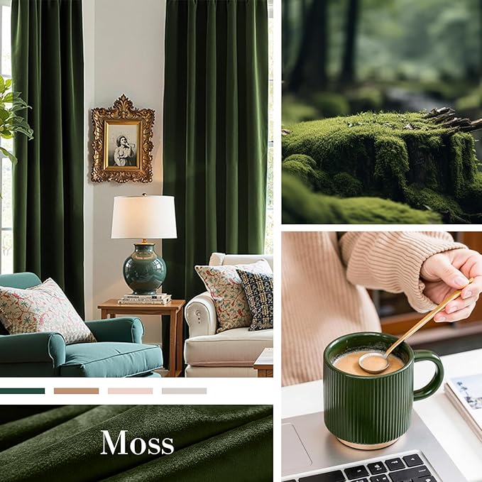 Lazzzy Velvet Blackout Curtains Thermal Insulated Room Window Drapes Super Soft Luxury Curtains for Living Room Bedroom Rod Pocket 2 Panels, Moss, 52" W x 72" L