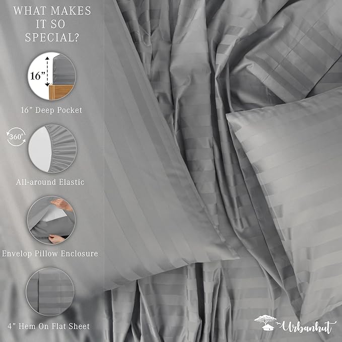 URBANHUT 800 Thread Count 100% Cotton Damask California King Size Sheets Set, 4 Piece Striped Cal King Size Bedsheets, Luxury Hotel Sheets Sateen Weave, 16" Elasticized Deep Pocket- Dark Grey