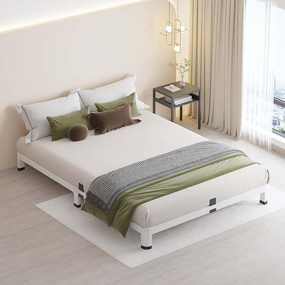 MAF 4 Inch Full Size Metal Platform Bed Frame White with Round Corner Legs, Mattress Slide Stopper, 3000 LBS Heavy Duty Steel Slats Support, Noise Free, No Box Spring Needed, Easy Assembly