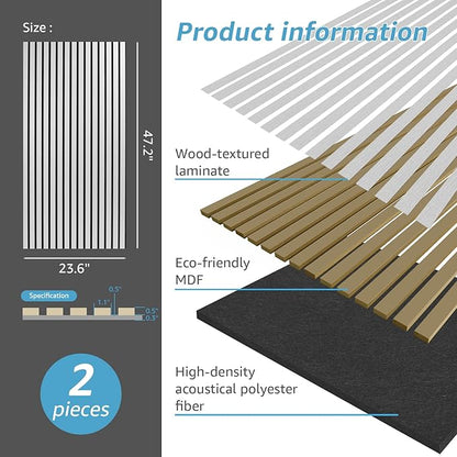 Art3d 2 Wood Slat Acoustic Panels for Wall and Ceiling - 3D Fluted Sound Absorbing Panel with Wood Finish - Silver