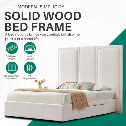 YUHUASHI Queen Size Bed Frame with 64-inch High Headboard, Simple and Airy Linen Upholstered Platform Bed with Storage Drawers, Wood Slat, No Noise (White, Queen (U.S. Standard))