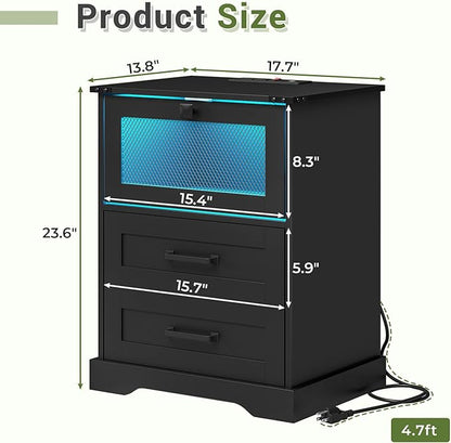 Hasuit Night Stand with Charging Station and LED Lights, Farmhouse Nightstand with 2 Drawers, Black Bedside Table for Bedroom