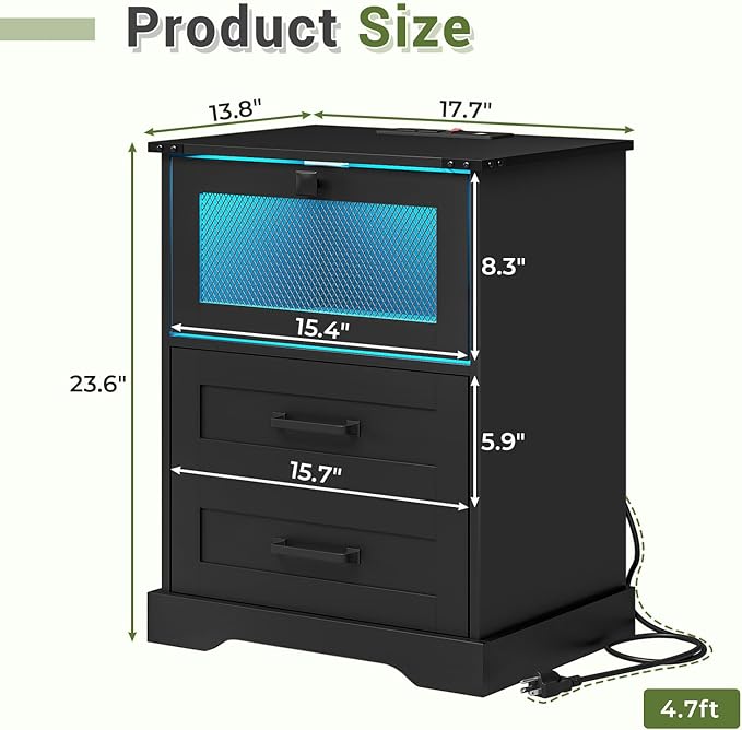 Hasuit Night Stand Set of 2 with Charging Station and LED Lights, Farmhouse Nightstand with 2 Drawers and Cubby with Wire Mesh Door, Black Bedside Table for Bedroom