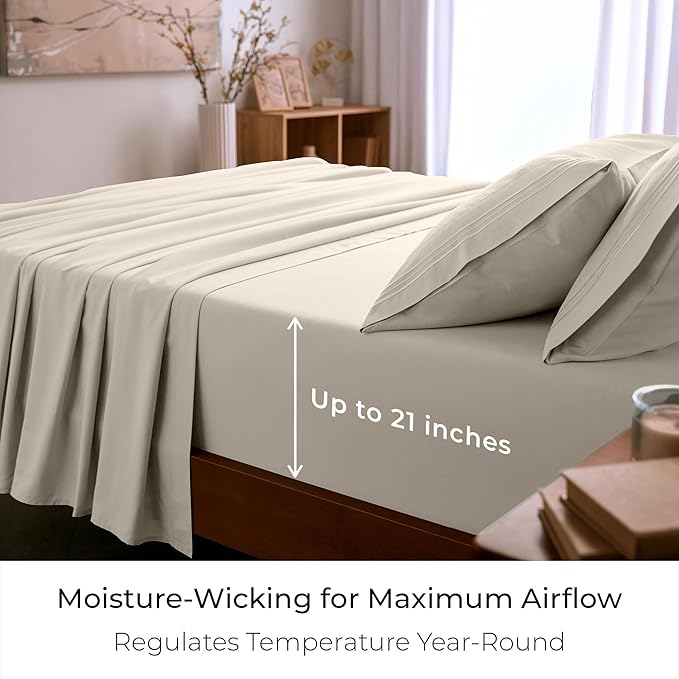 Mellanni King Sheet Set - 6-Piece Iconic Collection Bedding, (Including 4 Pillowcases), 21-Inch Extra Deep Pocket, Easy Care, Ultra Soft, Cooling Sheets, Brushed Microfiber - Golden Ivory