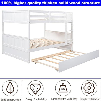 Upgraded Version Best Full Over Full Bunk Bed with Trundle, Thicken Solid Wood Full Size Bunk Bed, Bunkbed Frame Full Over Full, Convertible to 2 Beds, Easy Assembly for Adults (White)