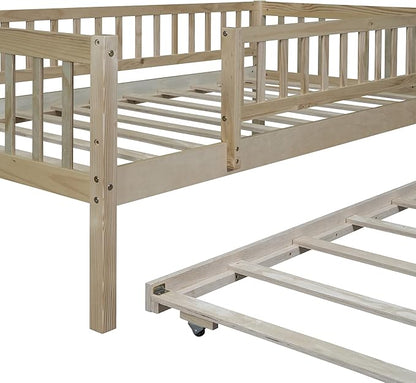 Bellemave Twin Bed Frames with Rails for Kids, Twin daybed Frame with Trundle for Boys/Girls/Adults， Natural