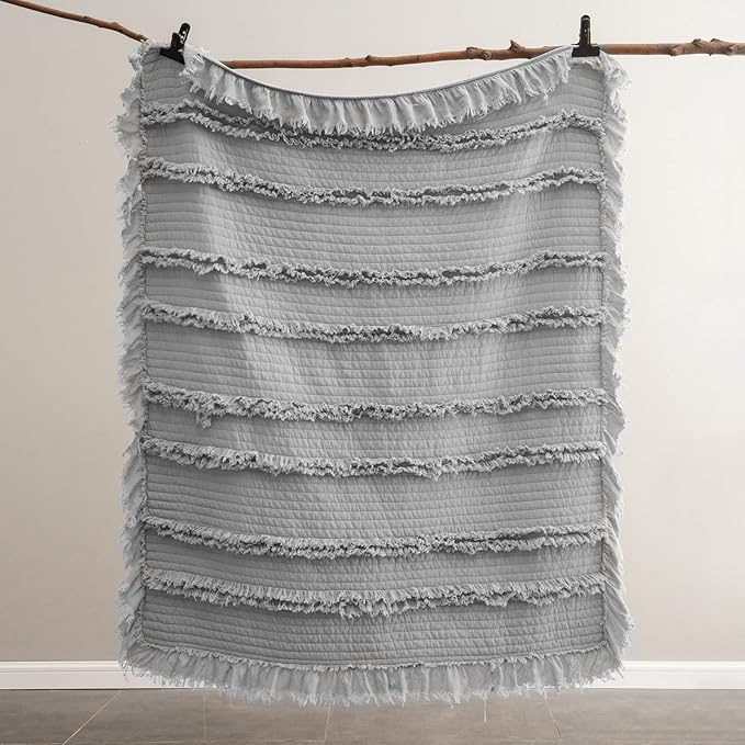 Ultra Soft Pre-Washed Quilted Boho Grey Queen Size Blankets for Bed, Ruffle Fringed Decorative Throw, Stone Washed Chic Rustic Blanket for Sofa Couch Bed, 90"*90"