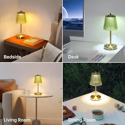 Small Table Lamp with 5200mAh Battery & Touch Control - 3 Adjustable Color Temperatures, Dimmable Rechargeable Table Lamps for Living Room, Bedroom, Bedside (Green Stripe)