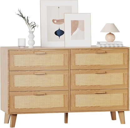 Wide Rattan Dresser, 6 Drawer Dressers Bedroom Furniture Large Storage Tower Unit, Dresser for Bedroom, Closet,Hallway, Walnut