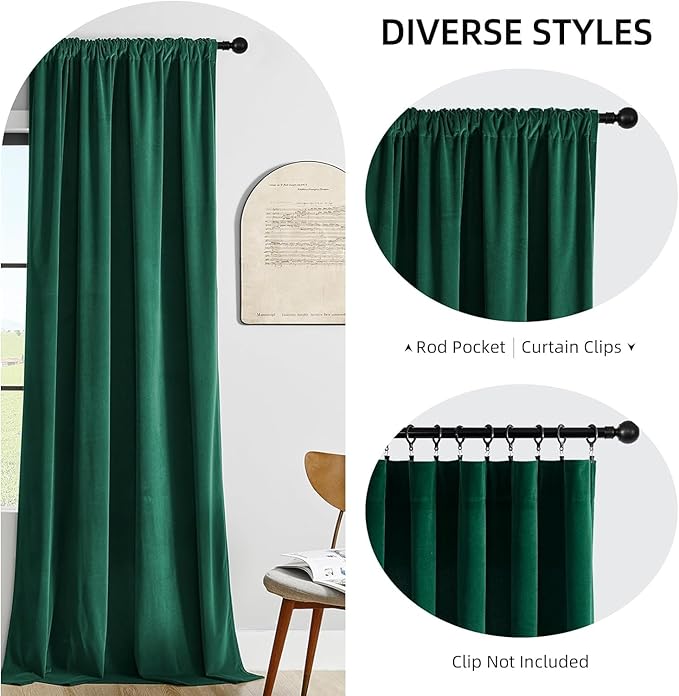 Joydeco Green Velvet Curtains 102 inch Length 2 Panels, Luxury Blackout Rod Pocket Thermal Insulated Window Curtains, Super Soft Room Darkening Drapes for Living Dining Room Bedroom,W52 x L102 inches