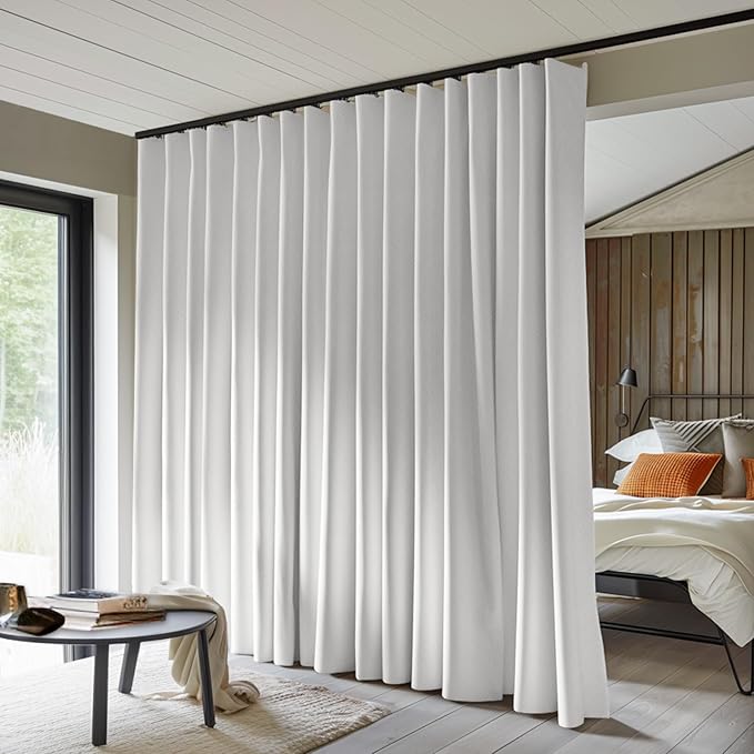 Room Divider Curtains Total Blackout Privacy Curtain Panel Room Thermal Insulated Noise Reduction Curtains for Bedroom Window Living Room Ceiling Track Curtain W 15 ft × H 8 ft White
