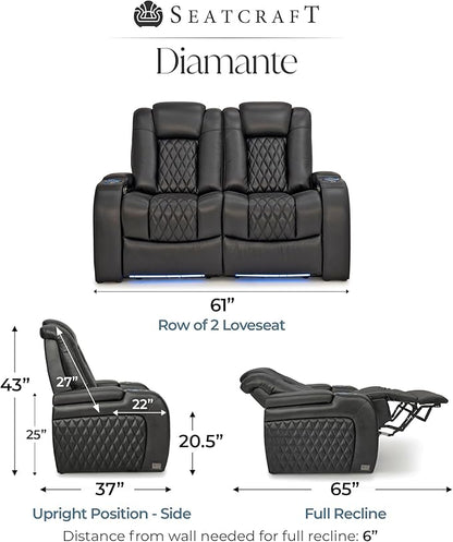 Seatcraft Diamante Zero-Gravity CoolZero Italian Leather Home Theater Seating, Power Headrest, Power Recline, Row of 2 Loveseat, Black