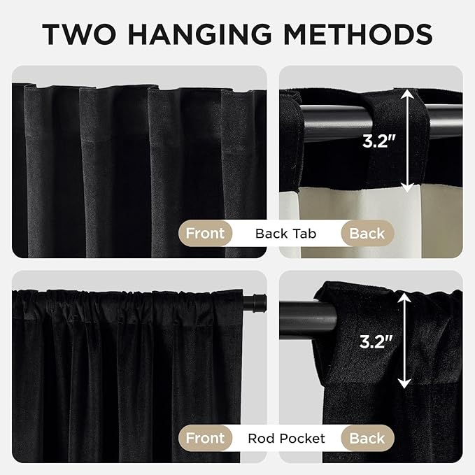 Joydeco Black 100% Blackout Curtains 84 Inch 2 Panels, Luxury Thermal Insulated Black Velvet Curtains for Bedroom Living Room, Soundproof Blackout Window Drapes, Rod Pocket & Back Tab (42W x 84L)