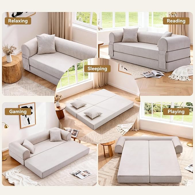 Convertible Sleeper Sofa Bed,78.5 Inch Faux Leather Futon Couch with Pillows & Storage Pocket,5-in-1 Folding Sofa Bed Queen with Pull Out Beds,Boneless Couches for Living Room,Couch in a Box,Beige