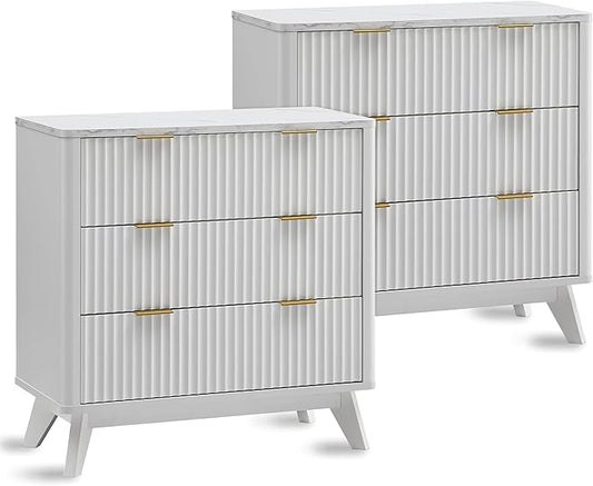 T4TREAM Fluted 3 Drawers Nightstand Set of 2, Oversized Extra Large Modern Side Table with Faux Marble Top, End Table Bedside for Bedroom, Living Room, Curved Profile Design, Solid White