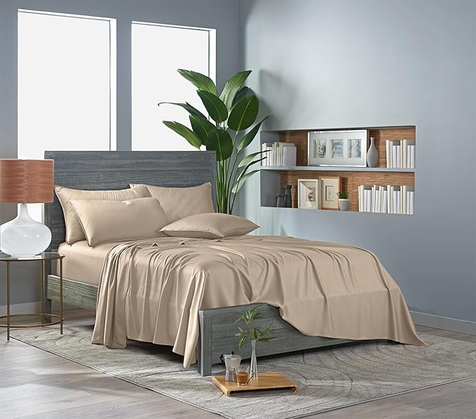 Pure Bamboo California King Sheets, Genuine 100% Organic Viscose Derived from Bamboo Bed Sheet Set, Soft & Cooling, Double Stitching, 2 Year Quality Promise (California King, Almond)
