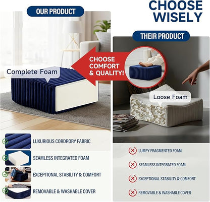 Tiita Suqre Stuffed Pouf Ottoman, Stripe Poufs 21×21×10 inch with Foam Chunk Filling, Floor Bean Bag Floor Chair Storage for Living Room Bedroom Home Decor, Navy Blue
